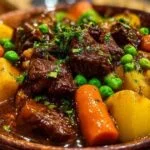 Ragoût de bœuf traditionnel servi dans une assiette creuse blanche, avec des morceaux de viande tendres, des carottes et des petits pois.