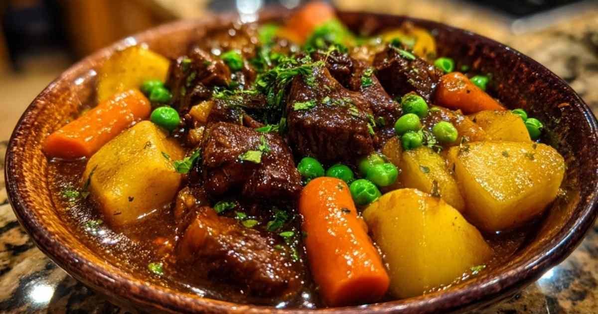 Ragoût de bœuf traditionnel servi dans une assiette creuse blanche, avec des morceaux de viande tendres, des carottes et des petits pois.