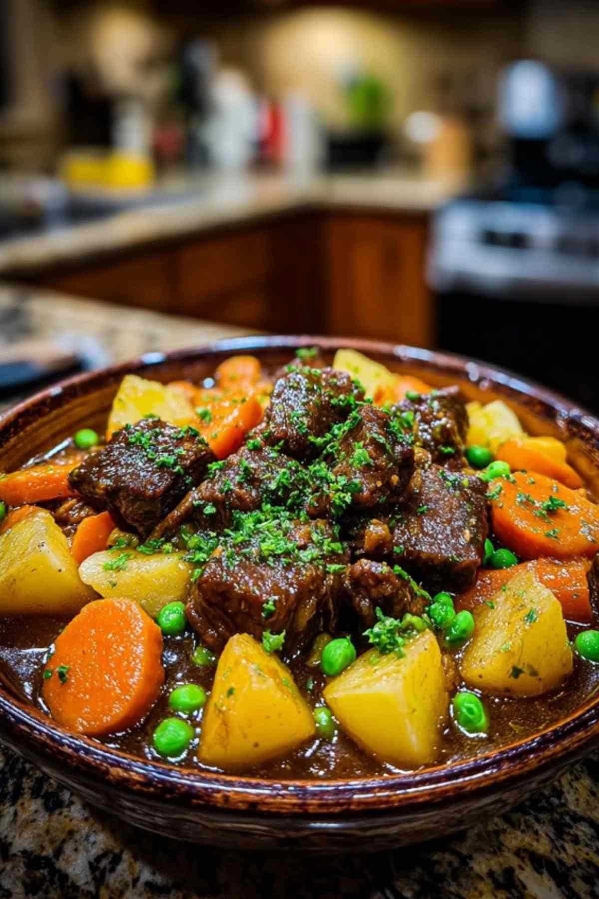 Ingrédients pour la recette du ragoût de bœuf, incluant les morceaux de viande, les carottes, les oignons et le bouquet garni.