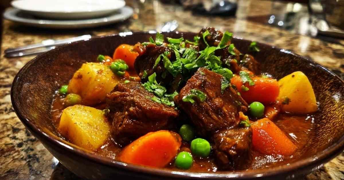 Morceaux de bœuf en train de dorer dans une grande cocotte en fonte rouge pour la préparation du ragoût.