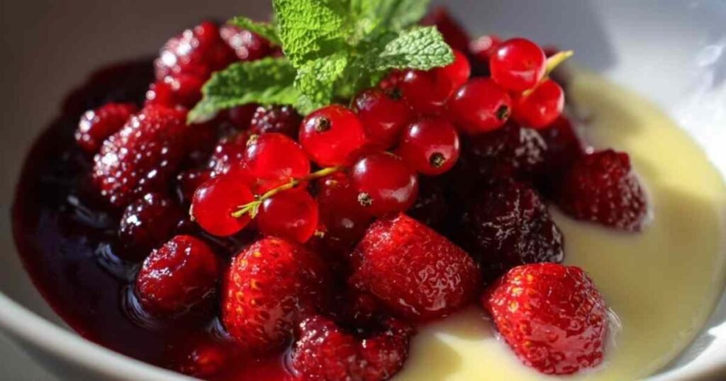 Ingrédients pour la recette de Rouge Grutte : fraises, framboises, groseilles, lait et sucre.