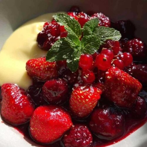 Gros plan sur un bol de Rouge Grutte, une compotée de fruits rouges, nappée d'une onctueuse sauce vanille.