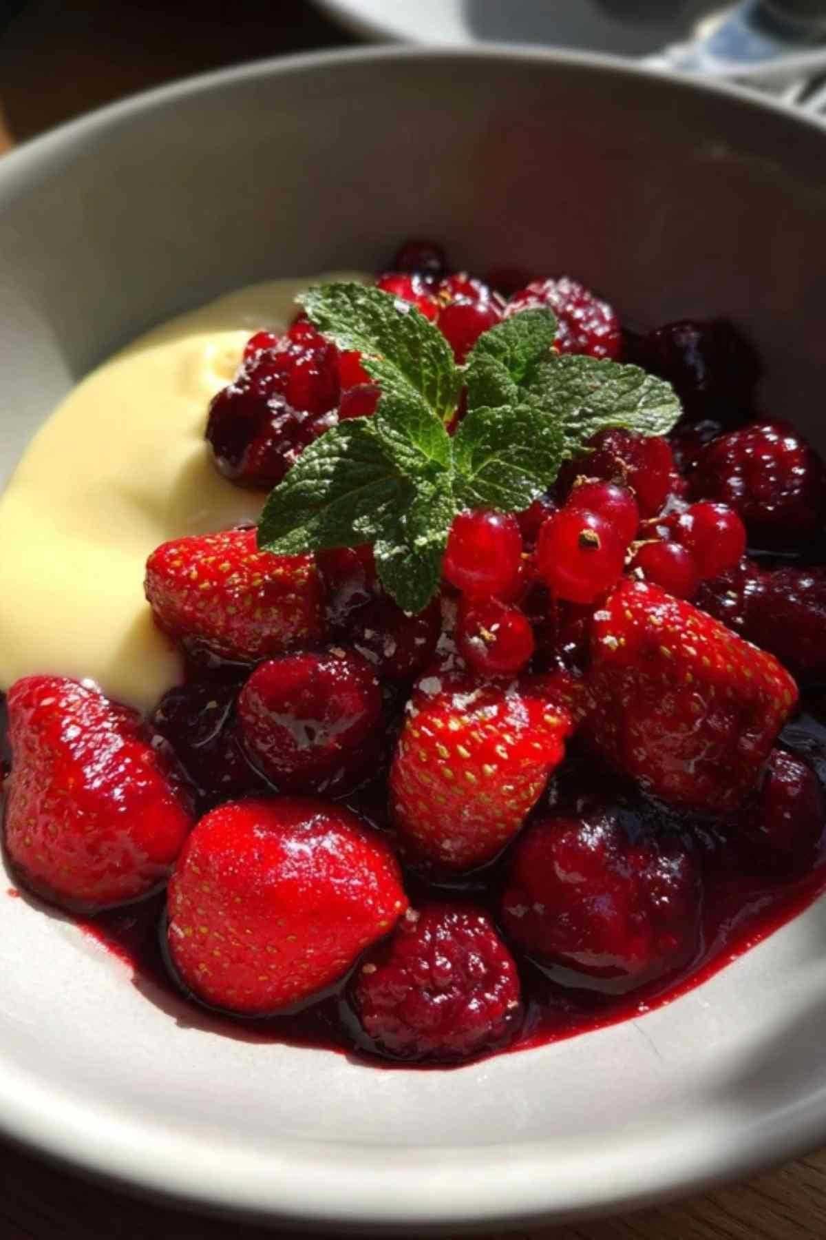 Gros plan sur un bol de Rouge Grutte, une compotée de fruits rouges, nappée d'une onctueuse sauce vanille.