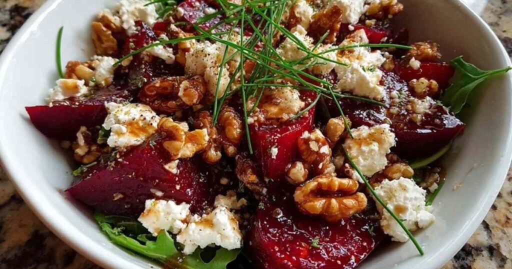 Salade de betteraves rôties, fromage de chèvre et noix servie dans un grand saladier blanc, prête à être dégustée.