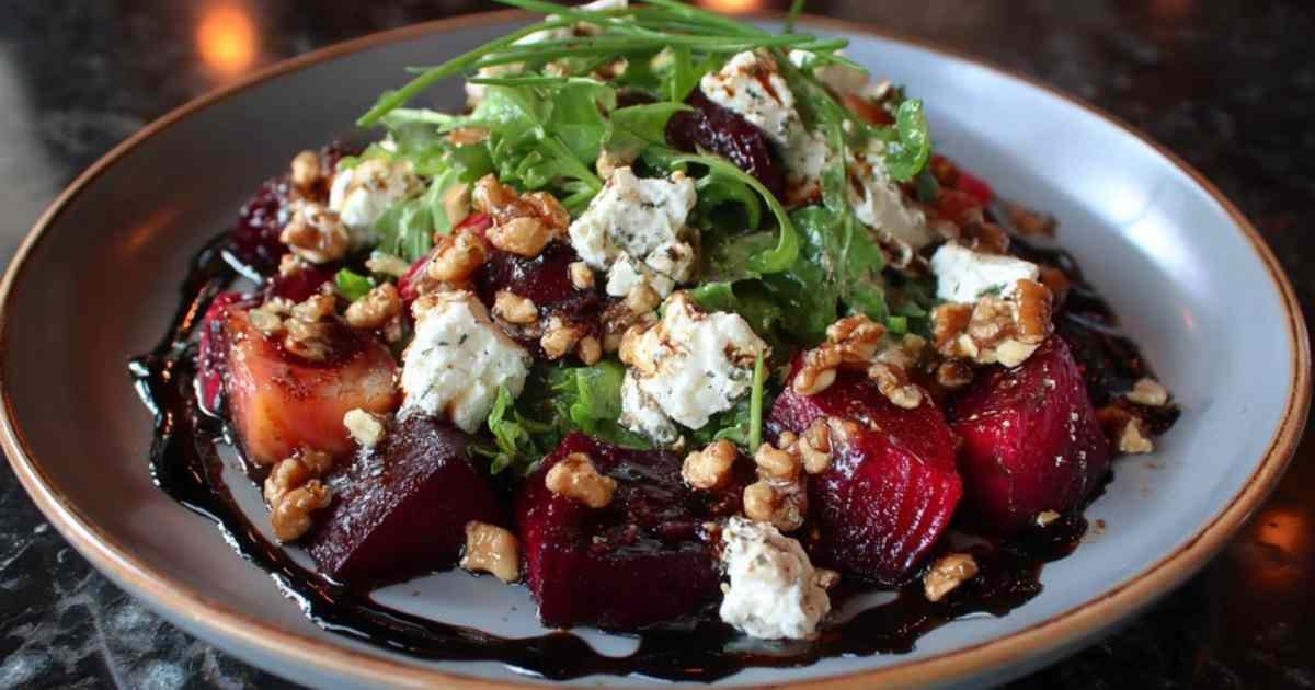 Assemblage de la salade de betteraves et chèvre dans un saladier en verre, avec un filet de vinaigrette.