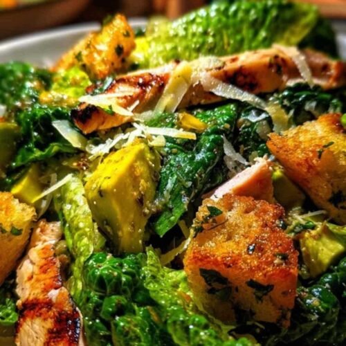 Salade césar estivale complète servie dans un grand saladier blanc, avec poulet grillé, avocat et copeaux de parmesan.