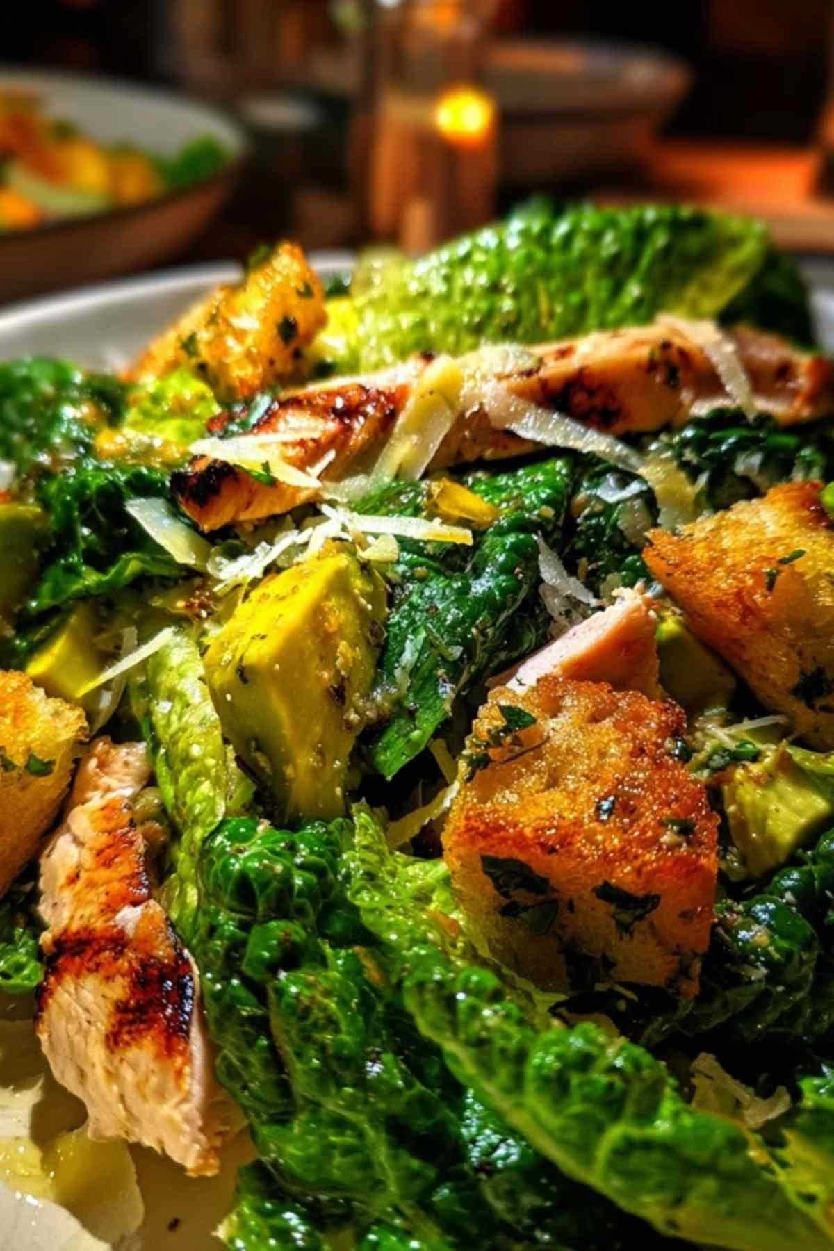 Salade césar estivale complète servie dans un grand saladier blanc, avec poulet grillé, avocat et copeaux de parmesan.