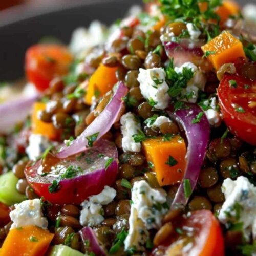 Salade de lentilles du Puy colorée servie dans un grand bol blanc, avec des dés de carottes, de l'oignon rouge et de la feta.