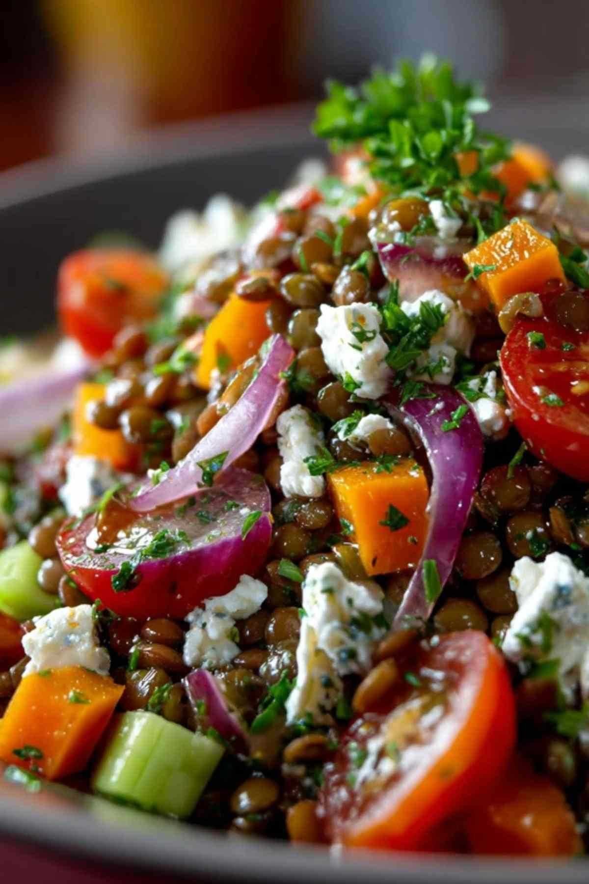 Salade de lentilles du Puy colorée servie dans un grand bol blanc, avec des dés de carottes, de l'oignon rouge et de la feta.