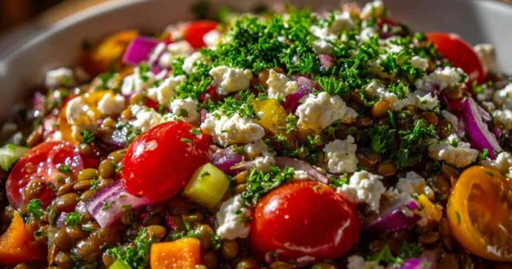 Ingrédients frais pour la salade de lentilles : lentilles du Puy, dés de carotte et céleri, oignon rouge haché et tomates cerises.