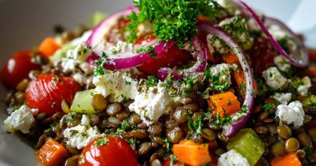 Action de verser une vinaigrette maison à la moutarde sur la salade de lentilles et de légumes.