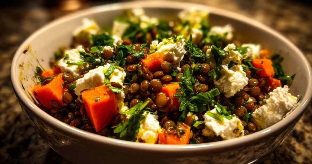 Préparation vinaigrette balsamique pour salade de lentilles dans petit bol