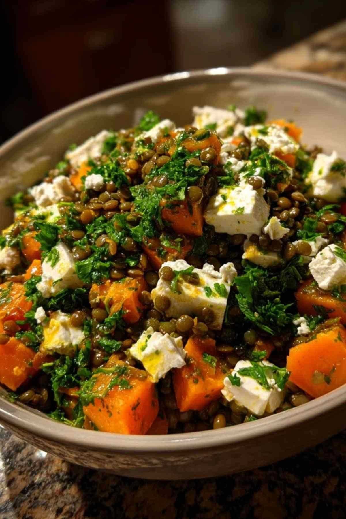 Ingrédients pour salade lentilles feta disposés sur plan de travail