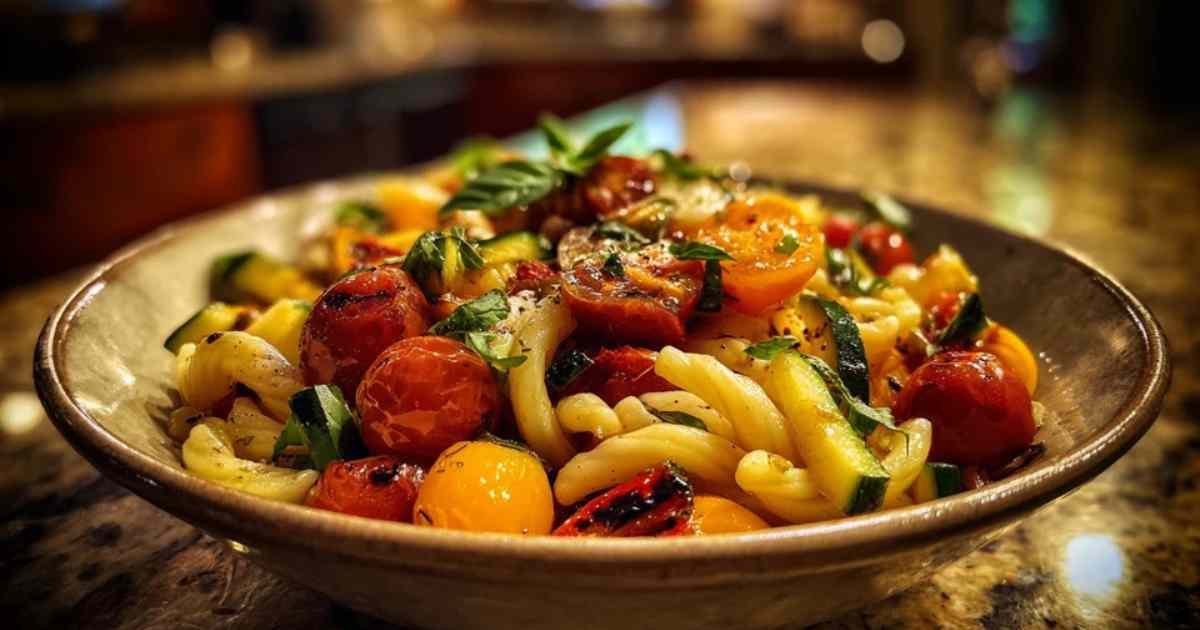 Gros plan sur des dés de poivrons rouges et jaunes et de courgettes en train de griller dans une poêle.