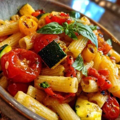 Salade de pâtes estivale colorée avec des tomates, courgettes et poivrons grillés dans un grand saladier en céramique blanc.
