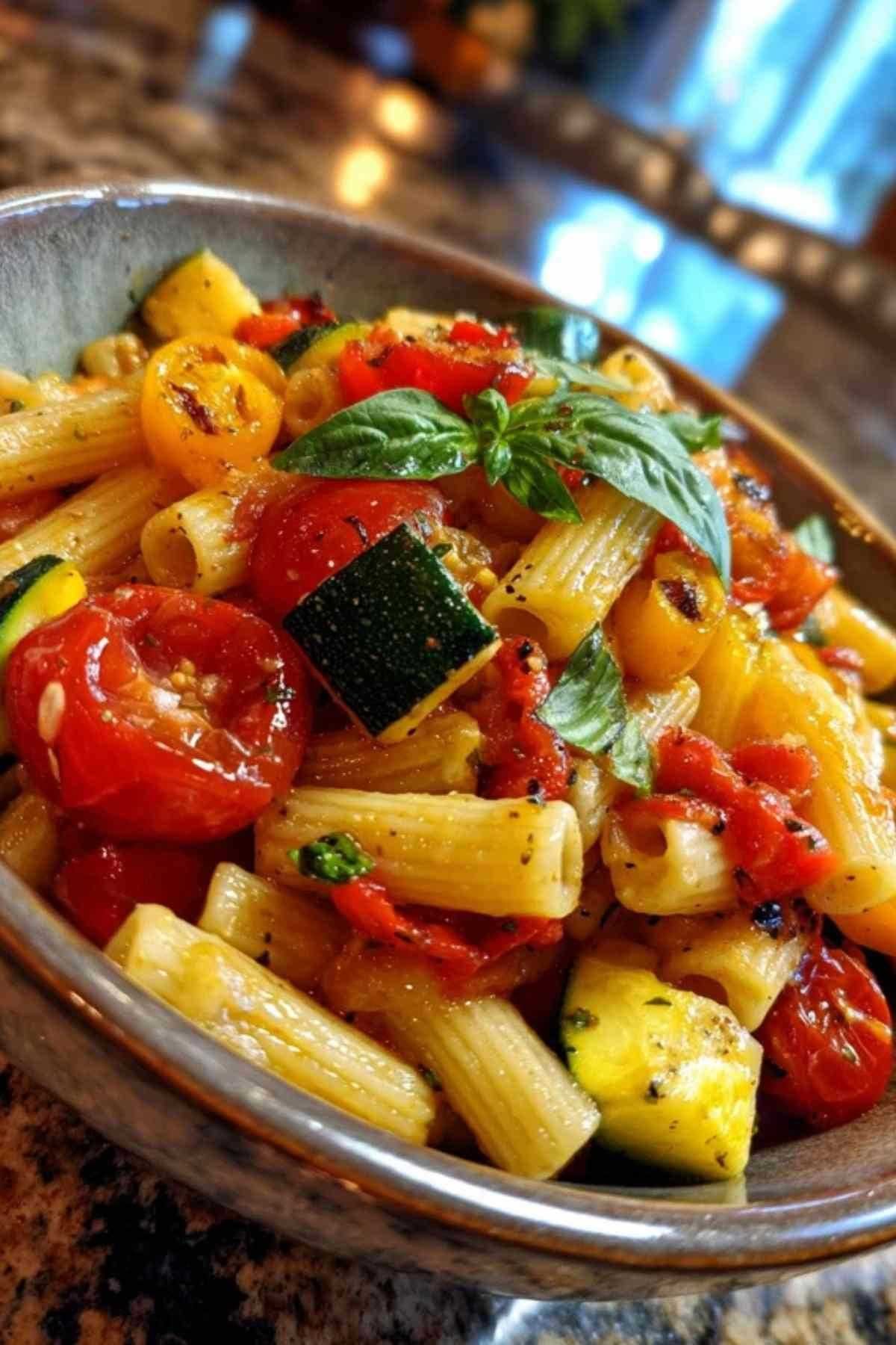 Salade de pâtes estivale colorée avec des tomates, courgettes et poivrons grillés dans un grand saladier en céramique blanc.