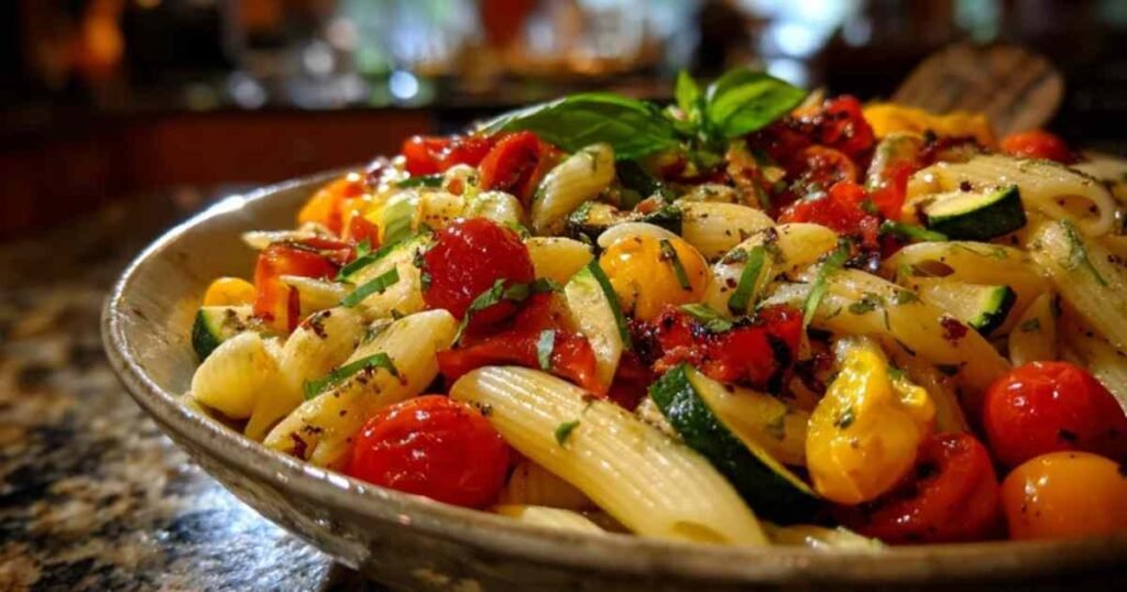 Une assiette creuse blanche remplie d'une portion de salade de pâtes estivale, avec une fourchette à côté.