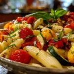 Une assiette creuse blanche remplie d'une portion de salade de pâtes estivale, avec une fourchette à côté.