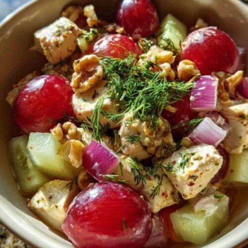 Ingrédients pour la salade de poulet aux raisins disposés sur une planche en bois : poulet, raisins, noix, céleri, yaourt.