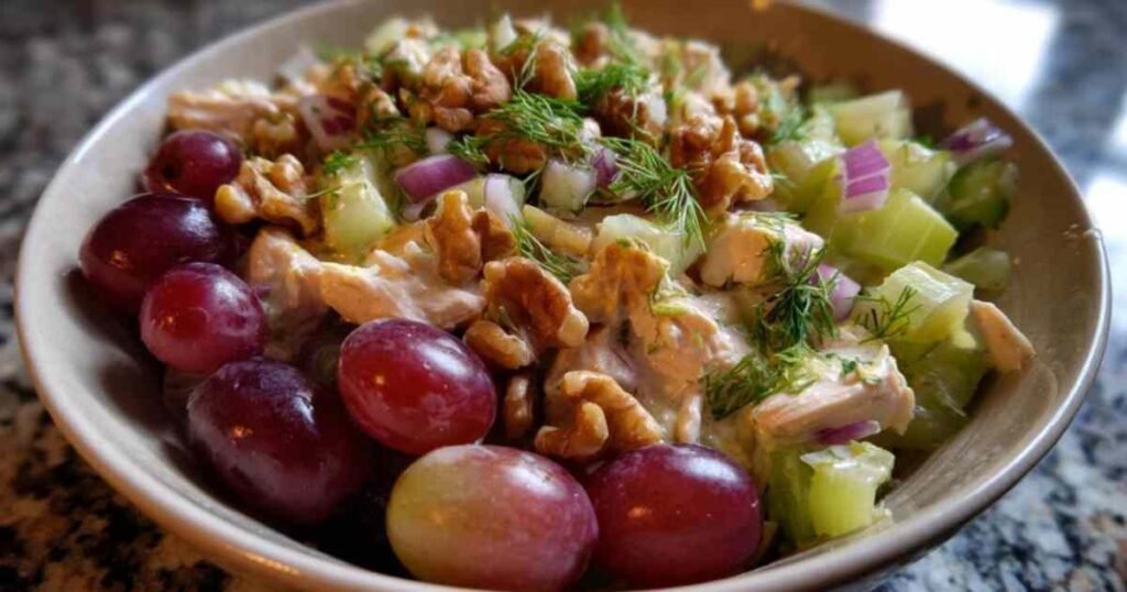 Pain pita ouvert et généreusement garni de salade de poulet aux raisins et noix.