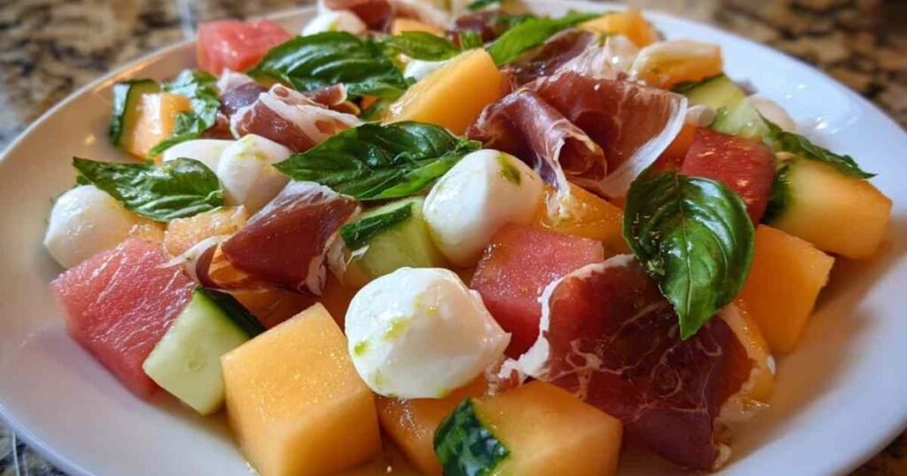 Salade de melon, jambon cru et mozzarella servie dans un plat blanc avec des feuilles de basilic frais.