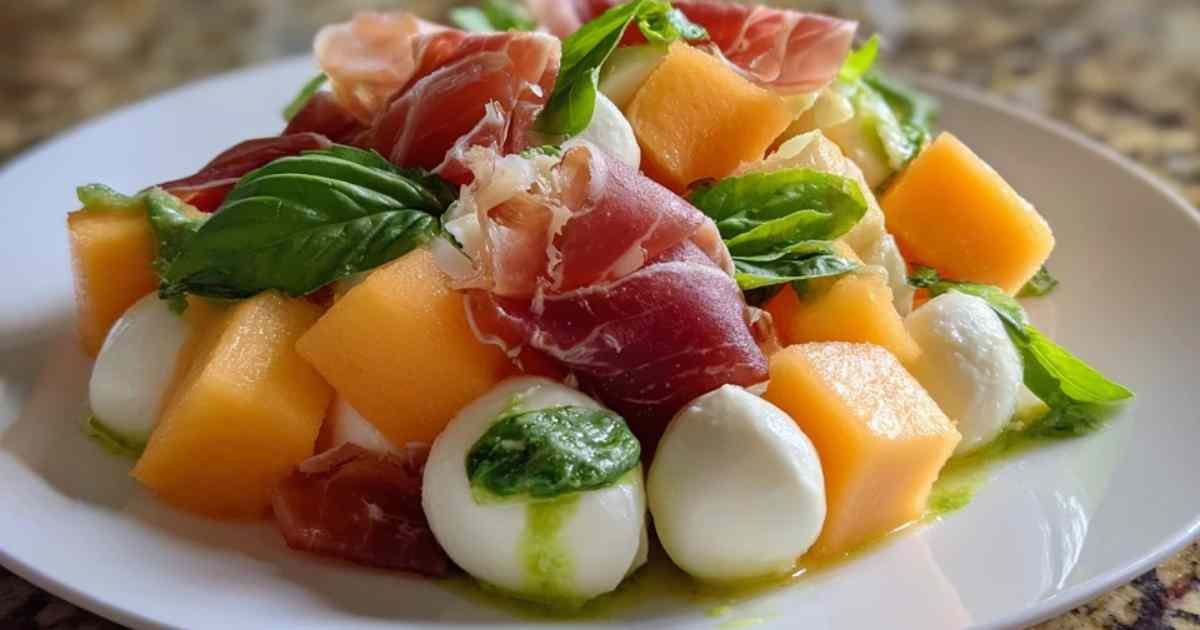 Main d'une femme versant un filet d'huile d'olive sur la salade de melon et jambon.