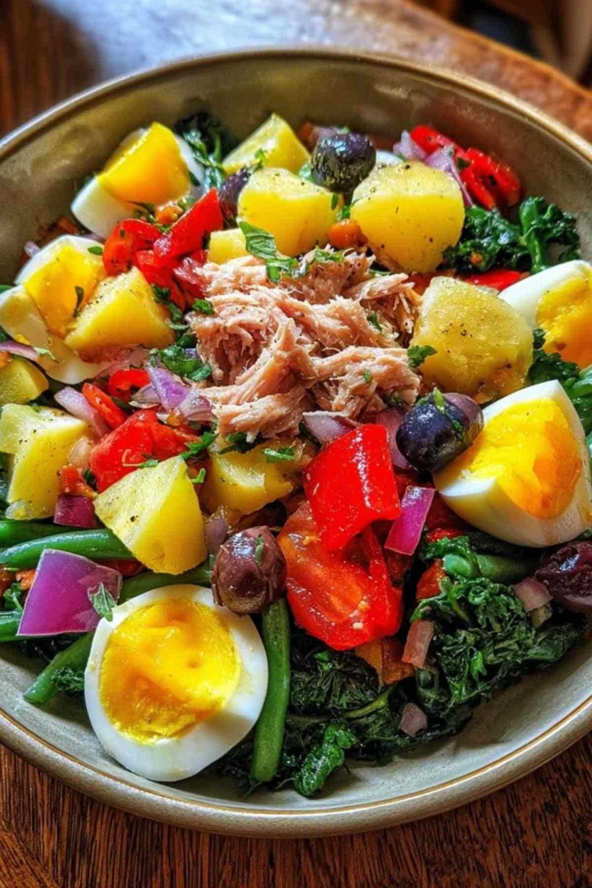 Ingrédients frais pour la recette de la salade niçoise : tomates, poivron, oignon, haricots.