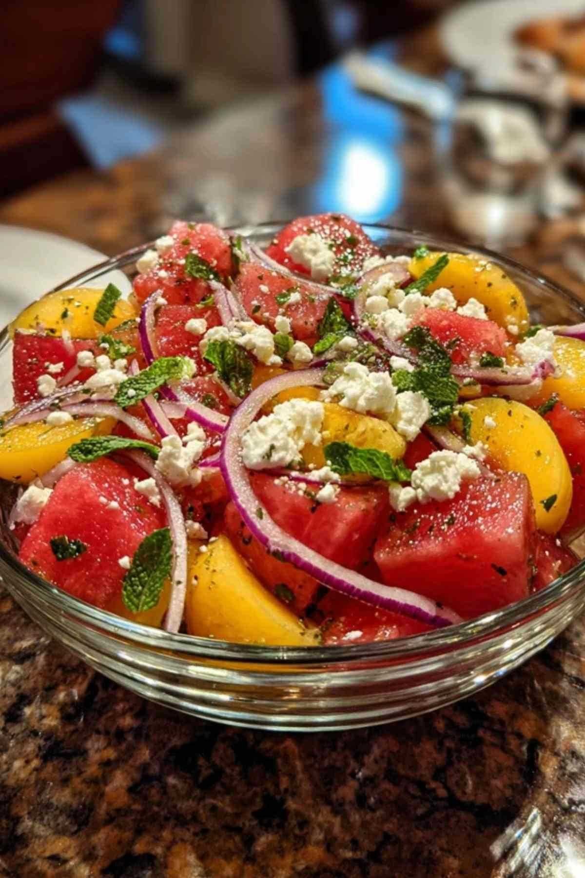 Salade pastèque pêche fraîche avec de la feta et de la menthe dans un saladier blanc sur une table en bois.