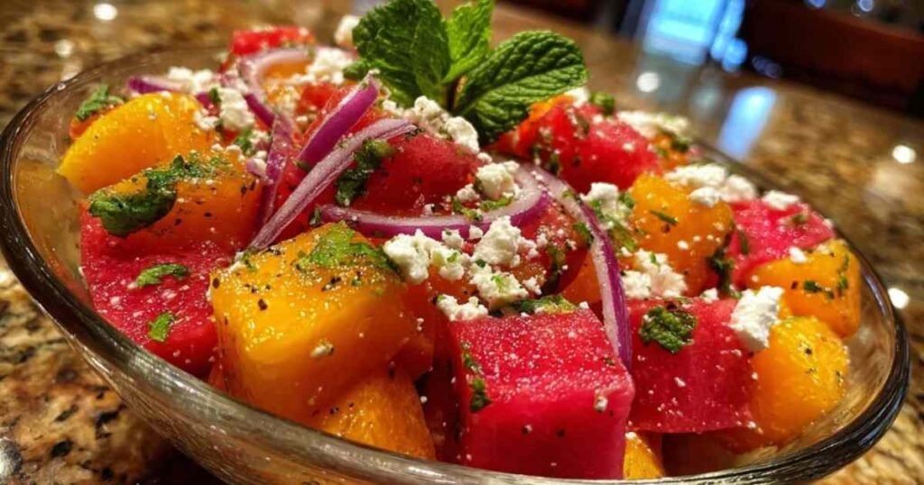 Ingrédients frais pour la recette de salade pastèque pêche : dés de pastèque, tranches de pêche, feta et menthe.