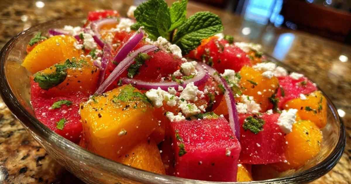 Ingrédients frais pour la recette de salade pastèque pêche : dés de pastèque, tranches de pêche, feta et menthe.