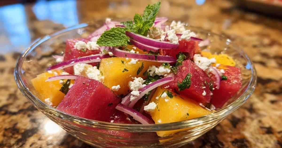 Action de verser la vinaigrette à l'huile d'olive et au citron sur la salade pastèque pêche.