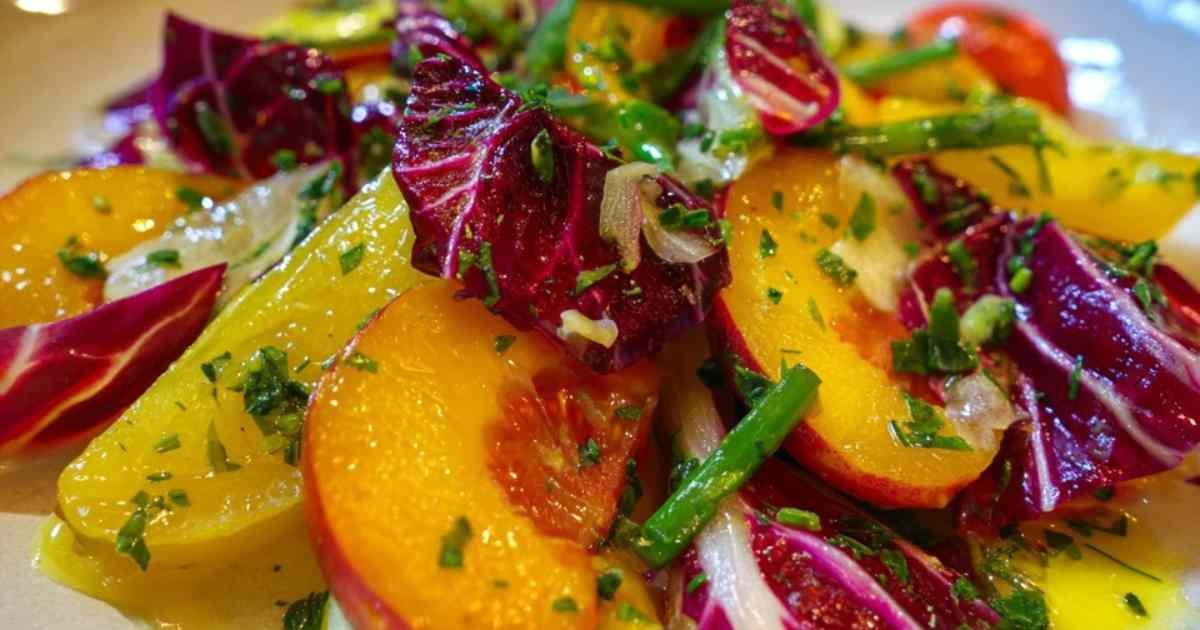 Ingrédients frais pour la salade pêches tomates : pêches, tomates Cœur-de-bœuf, tomates jaunes, pois gourmands et estragon frais, disposés sur une planche en bois.