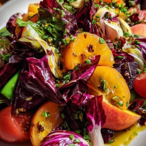 Une grande assiette blanche présentant une salade colorée de pêches en lamelles, de quartiers de tomates rouges et jaunes, de radicchio et de pois gourmands, nappée d'une vinaigrette crémeuse.