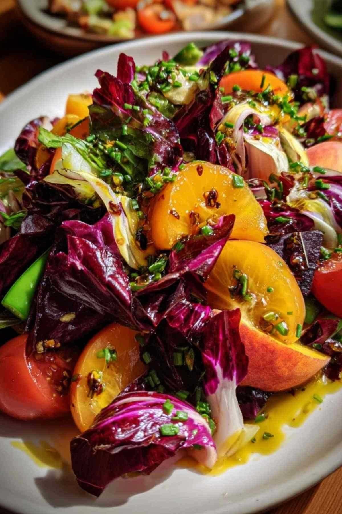 Une grande assiette blanche présentant une salade colorée de pêches en lamelles, de quartiers de tomates rouges et jaunes, de radicchio et de pois gourmands, nappée d'une vinaigrette crémeuse.