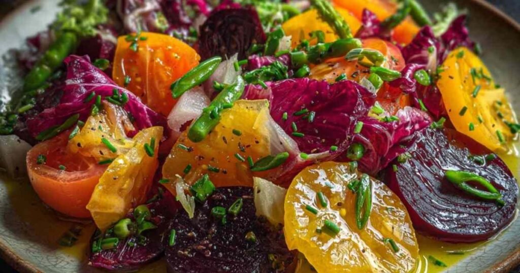 Main d'une femme versant un filet d'huile dans un saladier tout en fouettant pour créer l'émulsion de la vinaigrette à l'estragon.