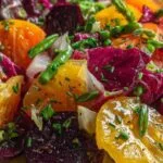 Main d'une femme versant un filet d'huile dans un saladier tout en fouettant pour créer l'émulsion de la vinaigrette à l'estragon.