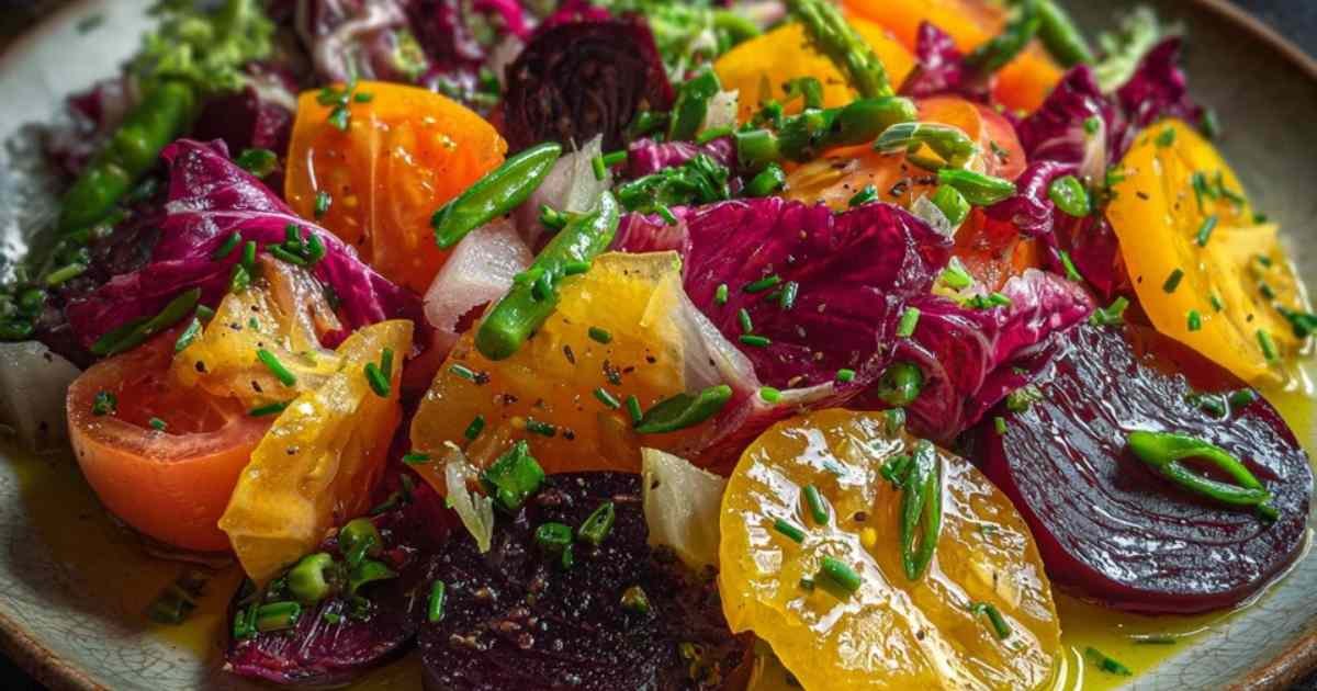 Main d'une femme versant un filet d'huile dans un saladier tout en fouettant pour créer l'émulsion de la vinaigrette à l'estragon.