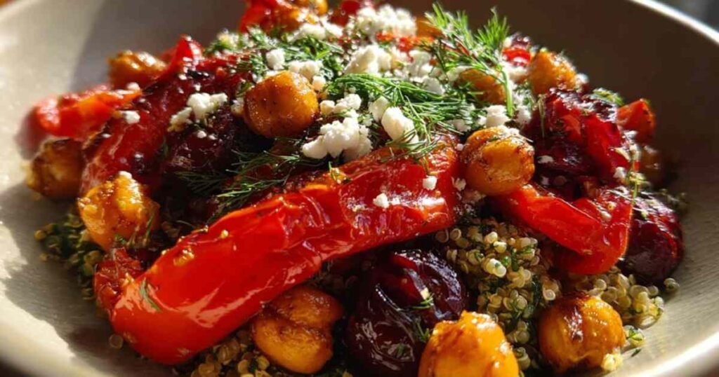 Poivrons rouges, oignons et pois chiches en train de rôtir sur une plaque de cuisson avec du papier sulfurisé.