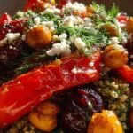 Poivrons rouges, oignons et pois chiches en train de rôtir sur une plaque de cuisson avec du papier sulfurisé.