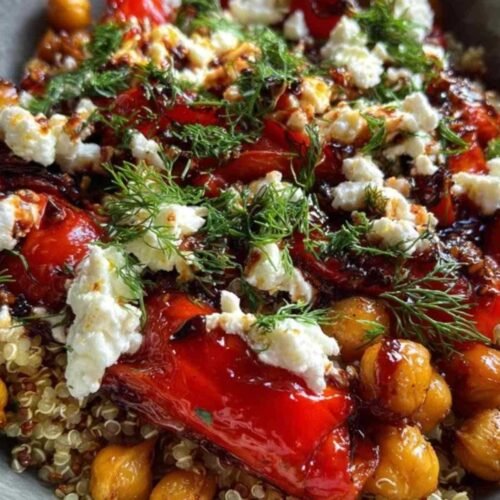 Salade quinoa poivrons rôtis et pois chiches dans un grand saladier blanc, décorée d'herbes fraîches.