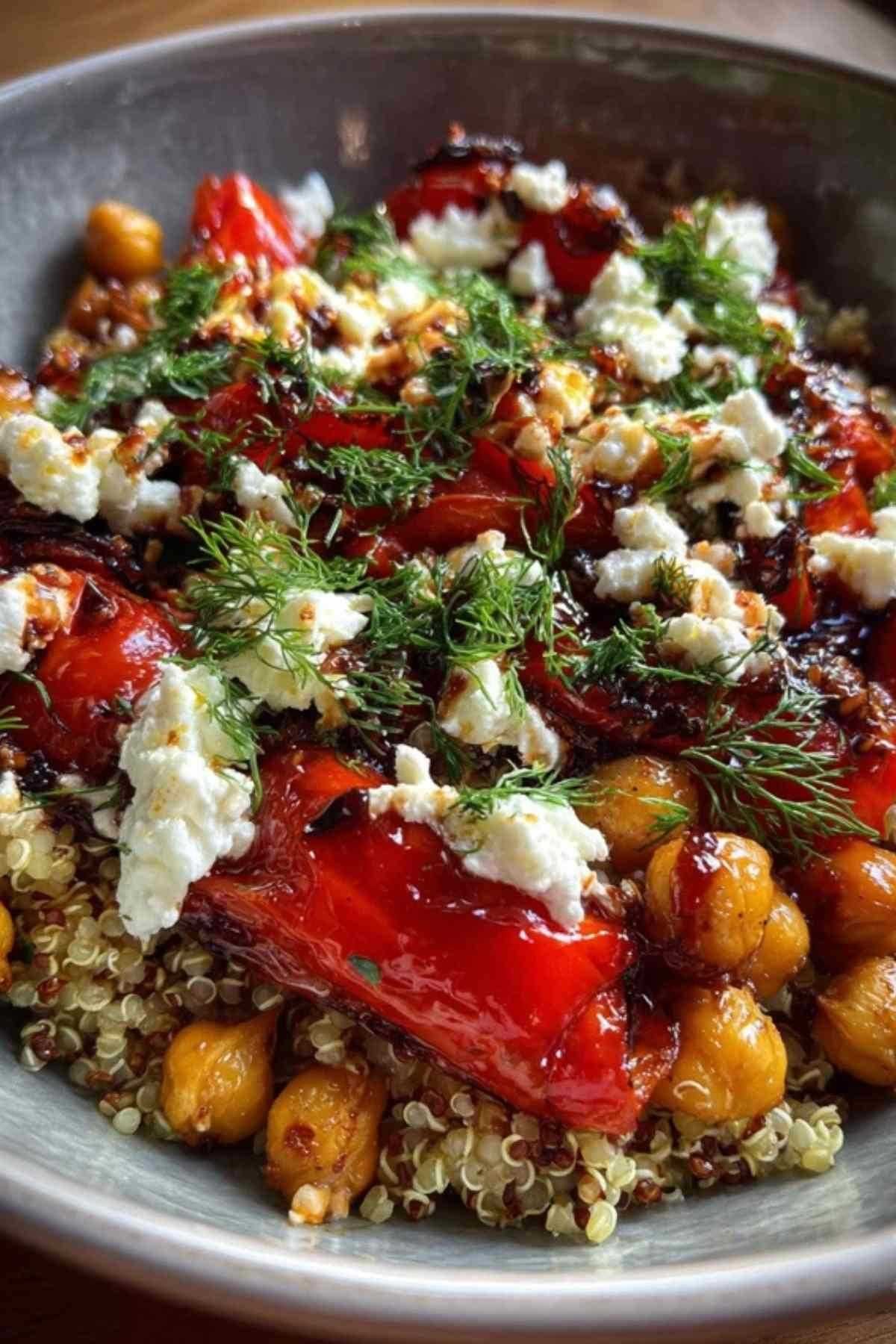 Salade quinoa poivrons rôtis et pois chiches dans un grand saladier blanc, décorée d'herbes fraîches.