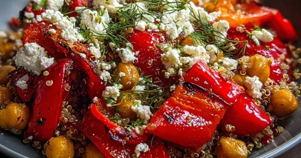 Portion individuelle de la salade de quinoa et poivrons rôtis, servie dans une assiette creuse avec de la feta émiettée.