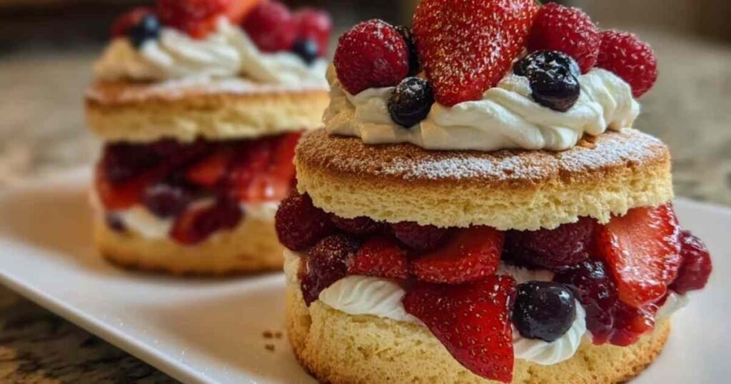 Un shortcake aux fruits rouges parfaitement assemblé, avec des fraises et framboises juteuses et une généreuse couche de crème Chantilly.