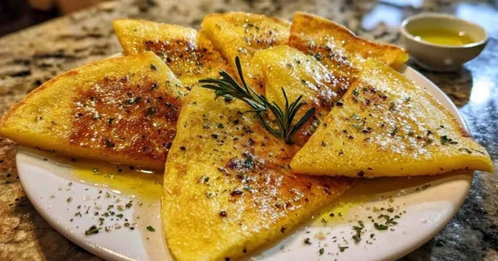 Ingrédients pour la recette de socca de Nice : farine de pois chiches, eau, huile d'olive et romarin sur une table en bois.
