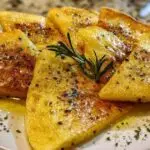 Ingrédients pour la recette de socca de Nice : farine de pois chiches, eau, huile d'olive et romarin sur une table en bois.