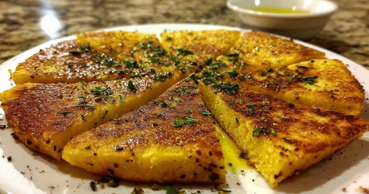 Socca de Nice dorée et croustillante, coupée en morceaux et servie avec du poivre noir.