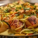 Une assiette de spaghettis de légumes et saumon au four, servie avec du riz complet et un quartier de citron.