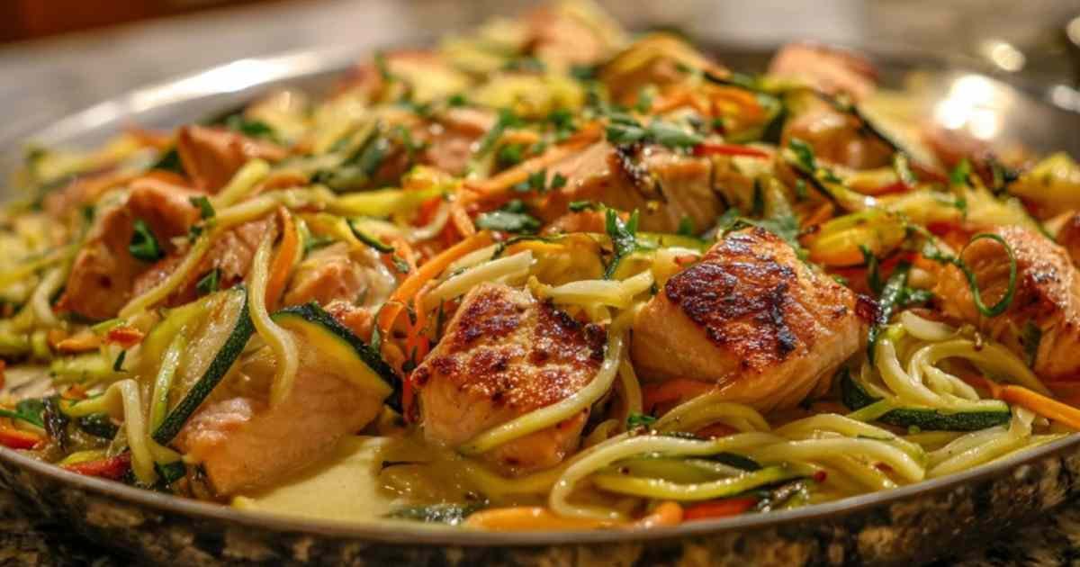 Une assiette de spaghettis de légumes et saumon au four, servie avec du riz complet et un quartier de citron.