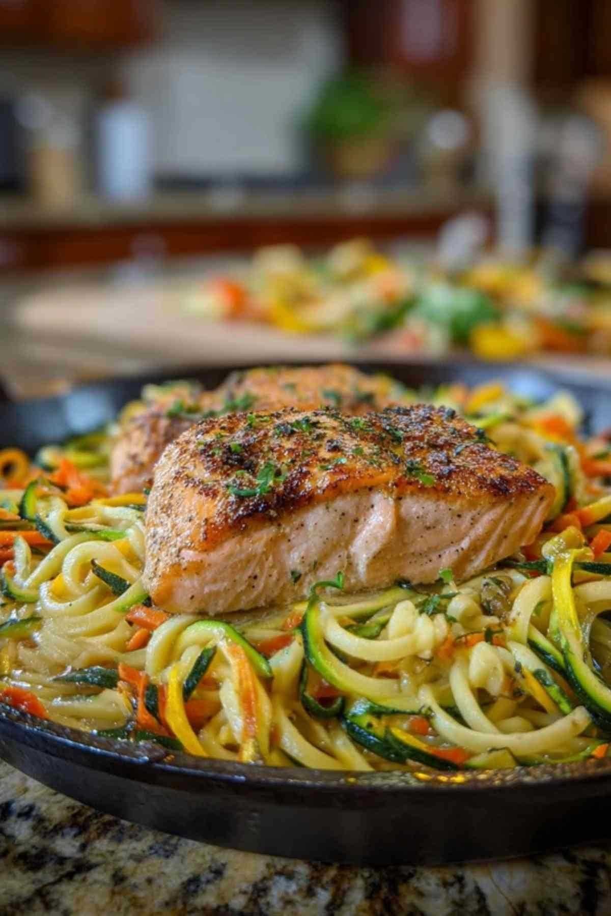 Le plat à gratin avec la julienne de légumes crémeuse et les pavés de saumon cru par-dessus, prêt à être enfourné.