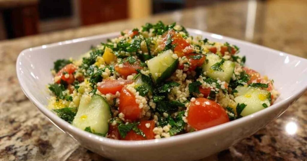 Recette de taboulé libanais servi dans un saladier blanc, garni de feuilles de menthe.